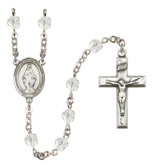 Miraculous Medal Birthstone Rosary, 6mm Fire-Polished Beads, Silver Plated