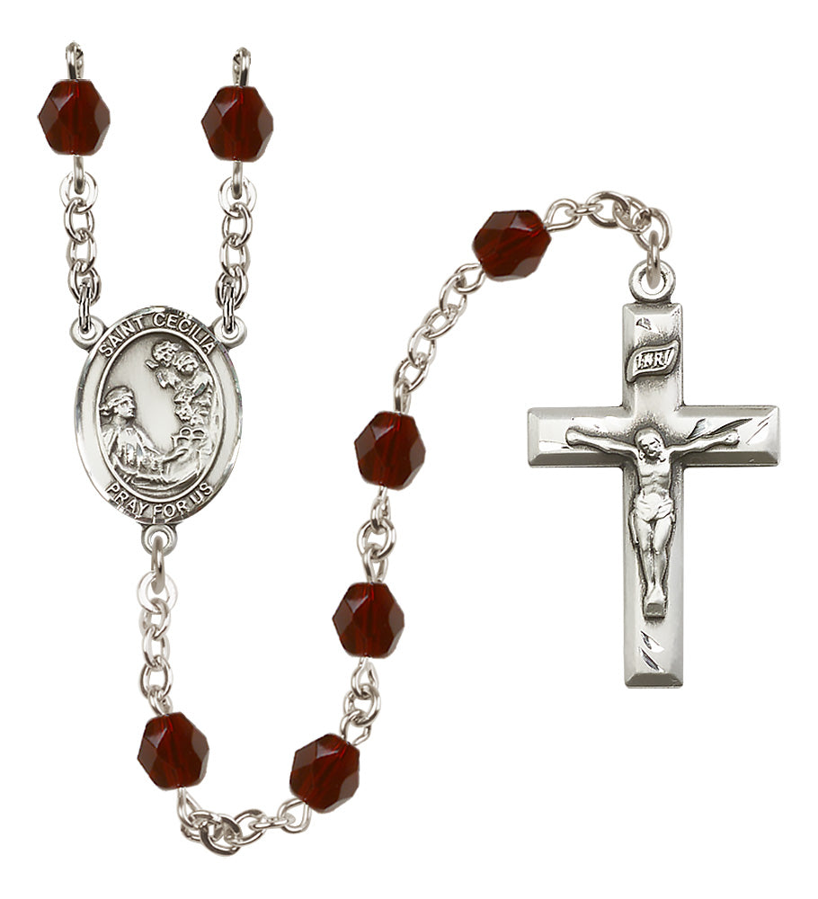 Saint Cecilia Birthstone Rosary, 6mm Fire-Polished Beads, Silver Plated