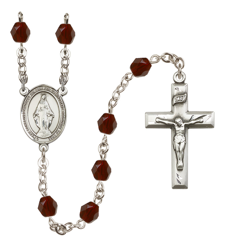 Miraculous Medal Birthstone Rosary, 6mm Fire-Polished Beads, Silver Plated