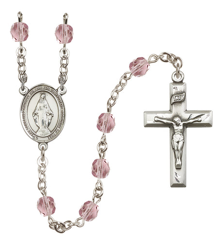 Miraculous Medal Birthstone Rosary, 6mm Fire-Polished Beads, Silver Plated
