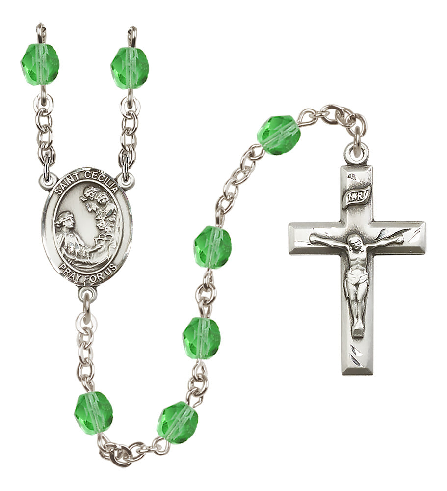 Saint Cecilia Birthstone Rosary, 6mm Fire-Polished Beads, Silver Plated