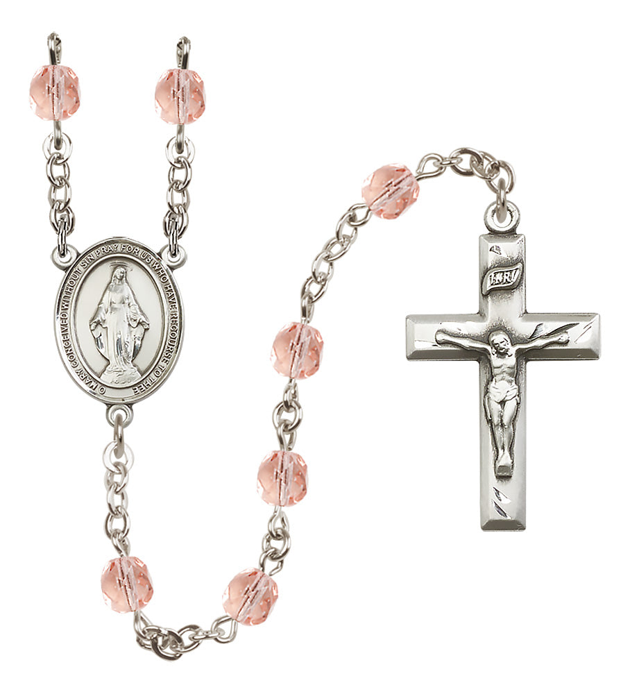 Miraculous Medal Birthstone Rosary, 6mm Fire-Polished Beads, Silver Plated