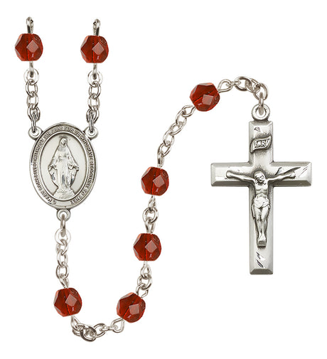 Miraculous Medal Birthstone Rosary, 6mm Fire-Polished Beads, Silver Plated