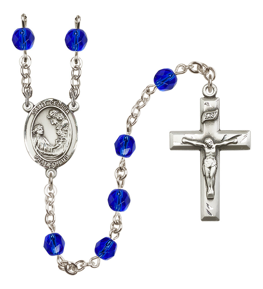Saint Cecilia Birthstone Rosary, 6mm Fire-Polished Beads, Silver Plated
