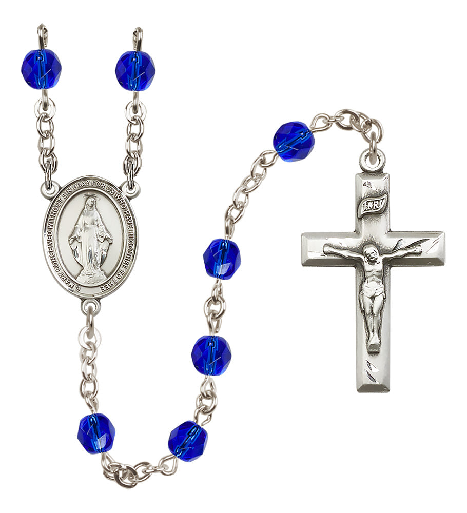 Miraculous Medal Birthstone Rosary, 6mm Fire-Polished Beads, Silver Plated