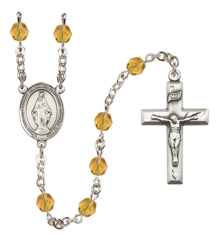 Miraculous Medal Birthstone Rosary, 6mm Fire-Polished Beads, Silver Plated