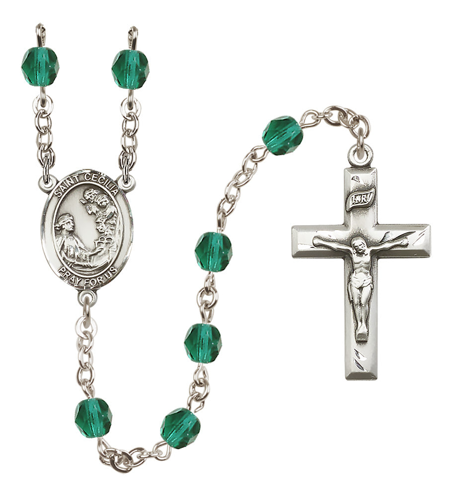 Saint Cecilia Birthstone Rosary, 6mm Fire-Polished Beads, Silver Plated