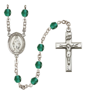 Miraculous Medal Birthstone Rosary, 6mm Fire-Polished Beads, Silver Plated