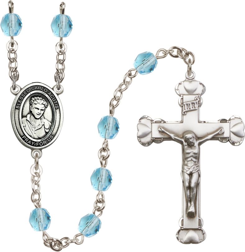St. Carlo Acutis Birthstone Rosary, 6mm Glass Beads & Silver-Plated Details