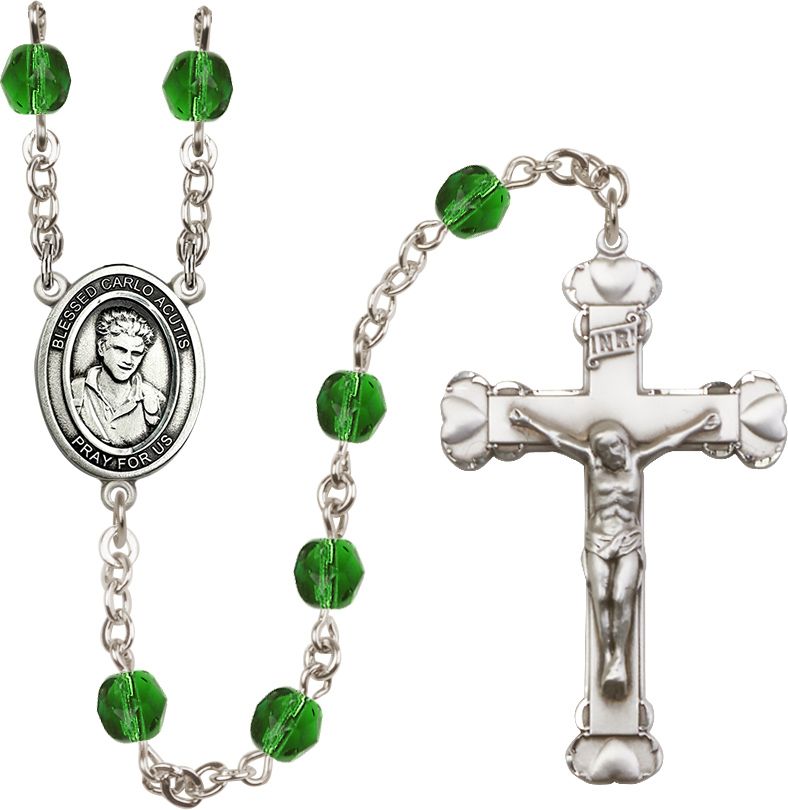 St. Carlo Acutis Birthstone Rosary, 6mm Glass Beads & Silver-Plated Details