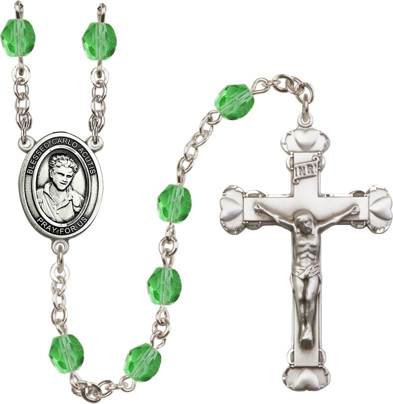 St. Carlo Acutis Birthstone Rosary, 6mm Glass Beads & Silver-Plated Details