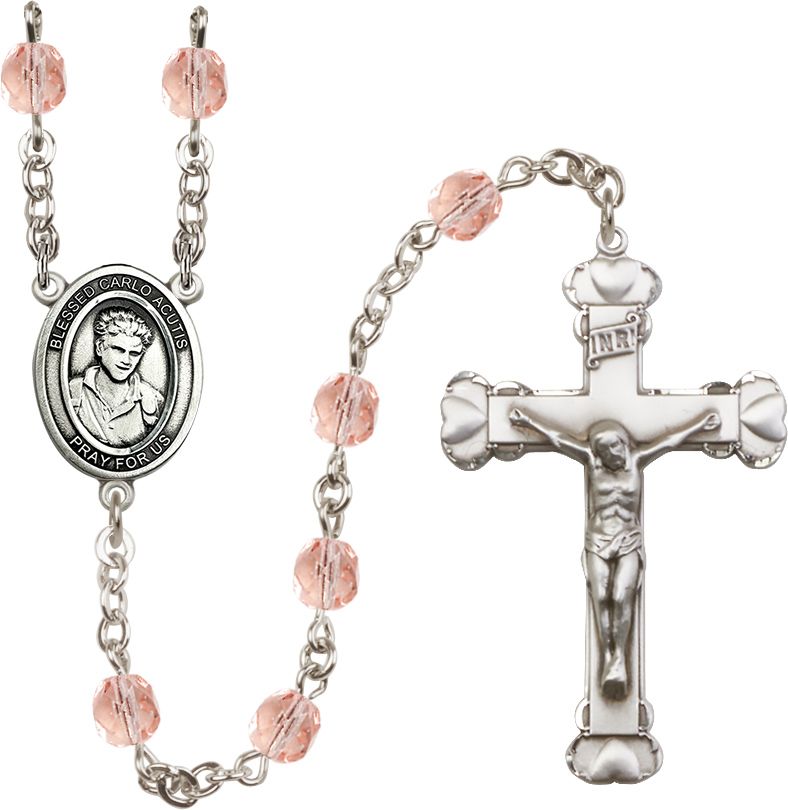 St. Carlo Acutis Birthstone Rosary, 6mm Glass Beads & Silver-Plated Details
