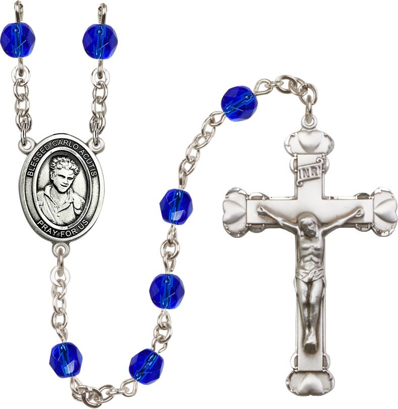 St. Carlo Acutis Birthstone Rosary, 6mm Glass Beads & Silver-Plated Details