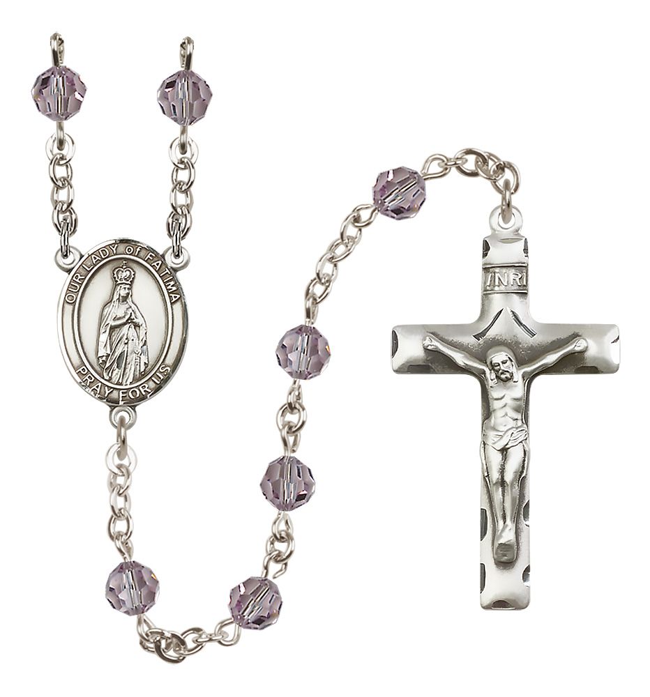 Our Lady of Fatima Sterling Silver Rosary, Austrian Crystal & Squared Crucifix