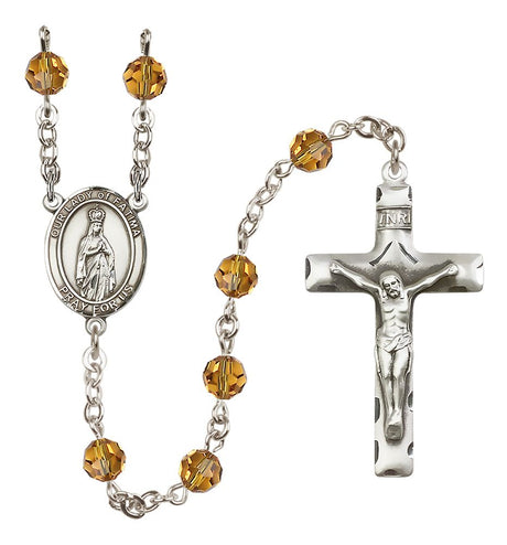 Our Lady of Fatima Sterling Silver Rosary, Austrian Crystal & Squared Crucifix