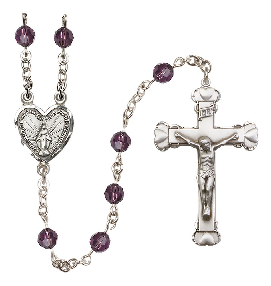 Sterling Silver Heart Miraculous Medal Rosary with 6 mm Austrian Crystal Beads