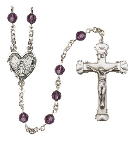 Sterling Silver Heart Miraculous Medal Rosary with 6 mm Austrian Crystal Beads