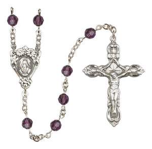 Sterling Silver Floral Miraculous Medal Rosary with 6 mm Austrian Crystal Beads