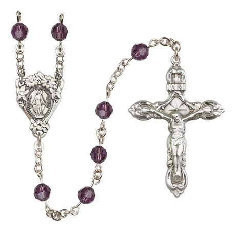Sterling Silver Floral Miraculous Medal Rosary with 6 mm Austrian Crystal Beads