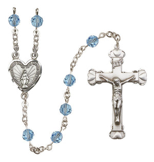 Sterling Silver Heart Miraculous Medal Rosary with 6 mm Austrian Crystal Beads