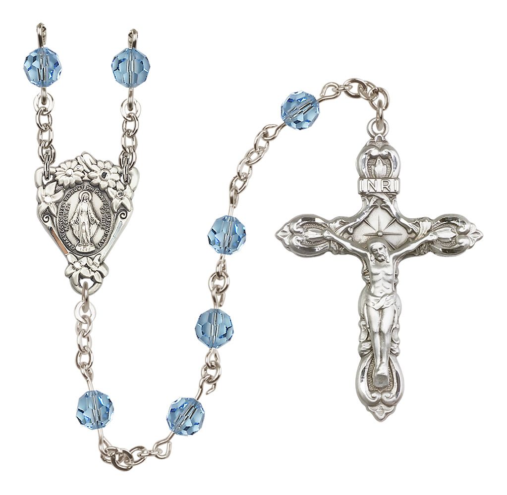 Sterling Silver Floral Miraculous Medal Rosary with 6 mm Austrian Crystal Beads