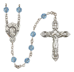 Sterling Silver Floral Miraculous Medal Rosary with 6 mm Austrian Crystal Beads