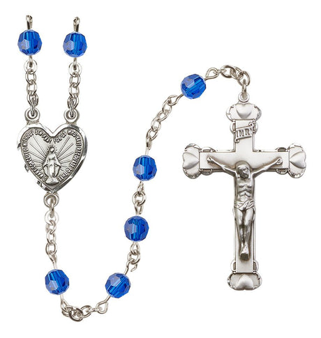 Sterling Silver Heart Miraculous Medal Rosary with 6 mm Austrian Crystal Beads