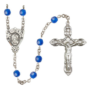 Sterling Silver Floral Miraculous Medal Rosary with 6 mm Austrian Crystal Beads