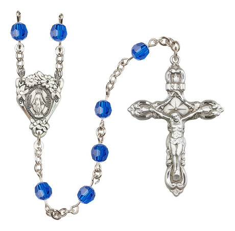 Sterling Silver Floral Miraculous Medal Rosary with 6 mm Austrian Crystal Beads