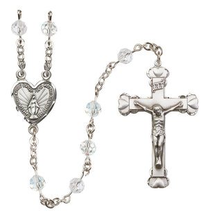 Sterling Silver Heart Miraculous Medal Rosary with 6 mm Austrian Crystal Beads