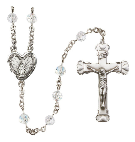 Sterling Silver Heart Miraculous Medal Rosary with 6 mm Austrian Crystal Beads