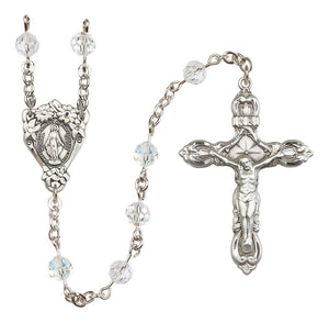 Sterling Silver Floral Miraculous Medal Rosary with 6 mm Austrian Crystal Beads