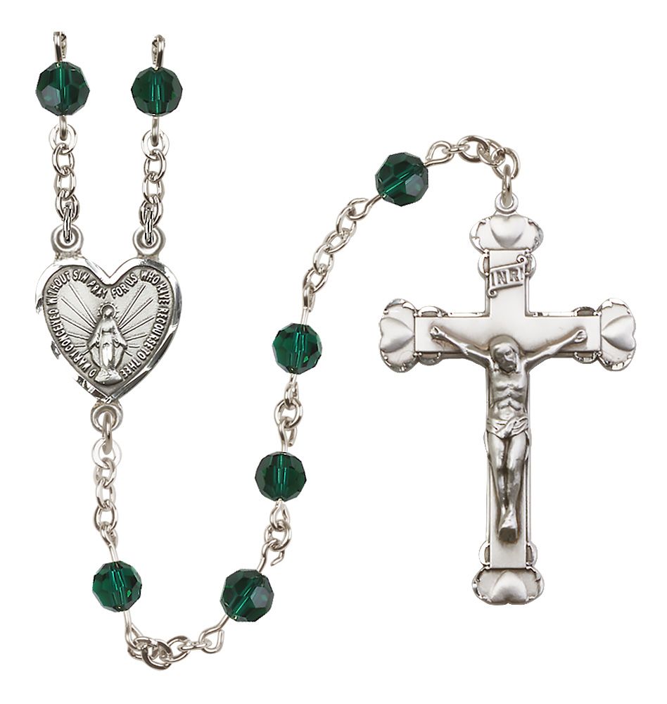 Sterling Silver Heart Miraculous Medal Rosary with 6 mm Austrian Crystal Beads