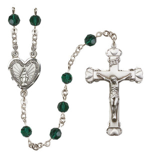 Sterling Silver Heart Miraculous Medal Rosary with 6 mm Austrian Crystal Beads
