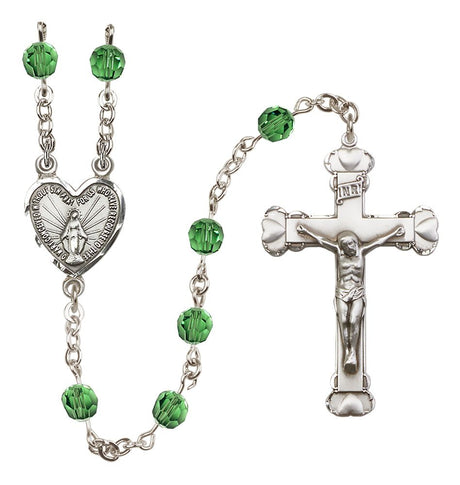 Sterling Silver Heart Miraculous Medal Rosary with 6 mm Austrian Crystal Beads
