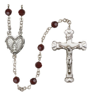 Sterling Silver Heart Miraculous Medal Rosary with 6 mm Austrian Crystal Beads