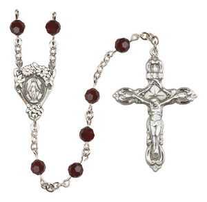 Sterling Silver Floral Miraculous Medal Rosary with 6 mm Austrian Crystal Beads