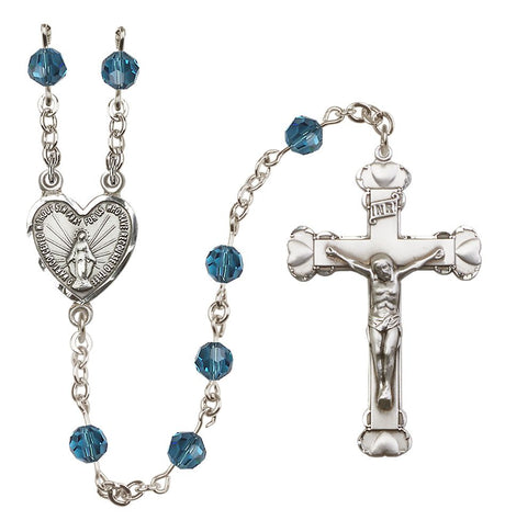 Sterling Silver Heart Miraculous Medal Rosary with 6 mm Austrian Crystal Beads