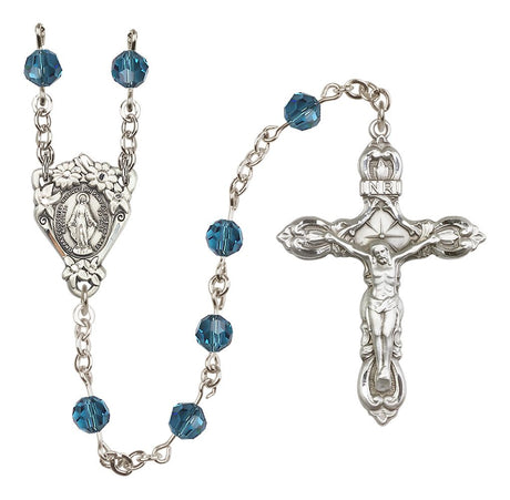 Sterling Silver Floral Miraculous Medal Rosary with 6 mm Austrian Crystal Beads