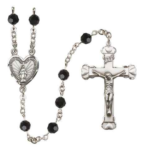 Sterling Silver Heart Miraculous Medal Rosary with 6 mm Austrian Crystal Beads