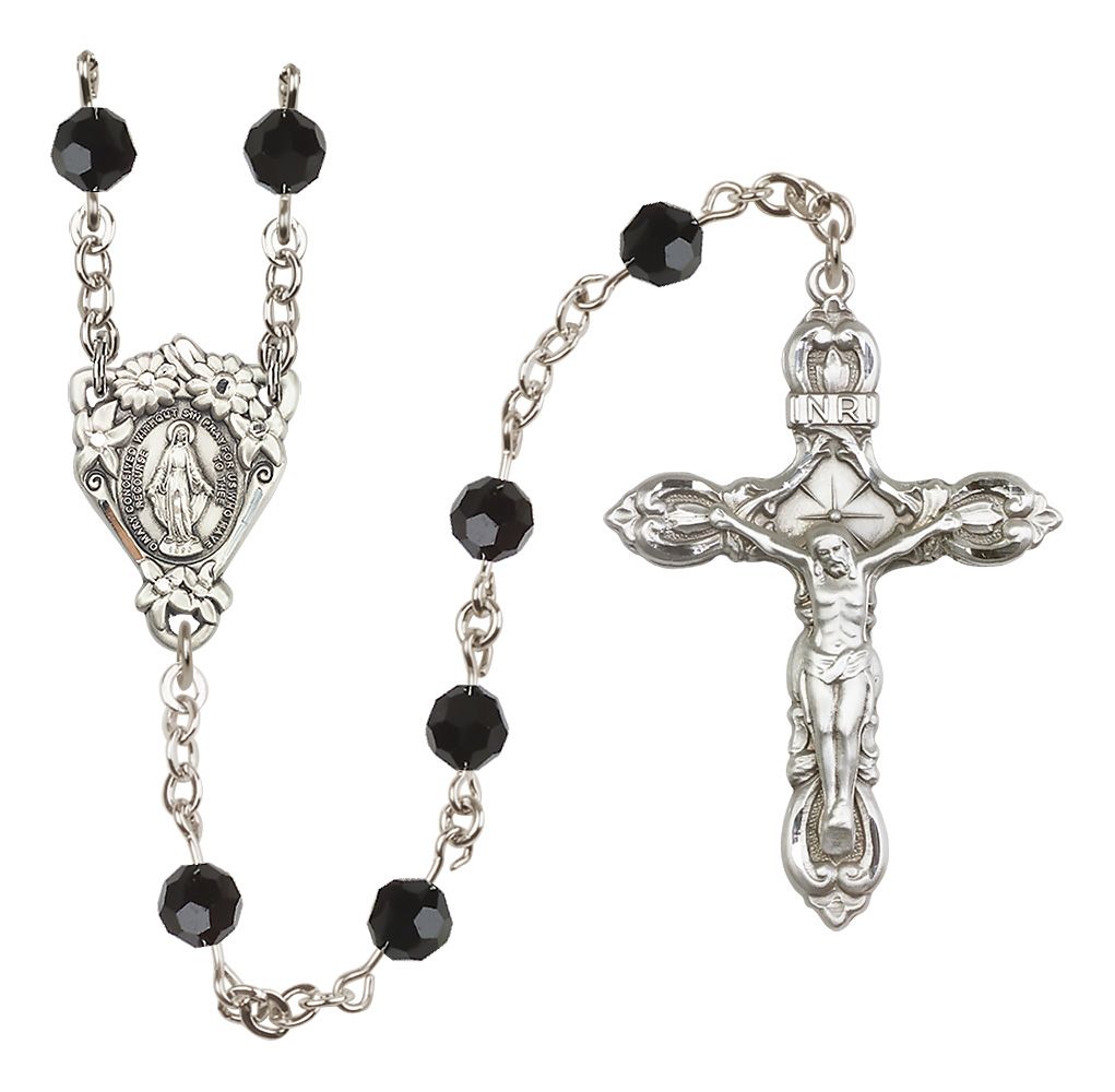 Sterling Silver Floral Miraculous Medal Rosary with 6 mm Austrian Crystal Beads