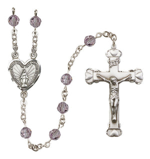 Sterling Silver Heart Miraculous Medal Rosary with 6 mm Austrian Crystal Beads