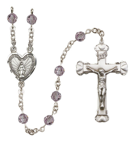 Sterling Silver Heart Miraculous Medal Rosary with 6 mm Austrian Crystal Beads