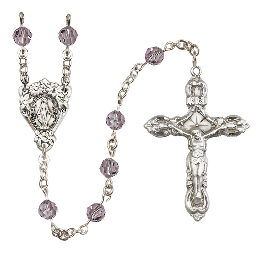 Sterling Silver Floral Miraculous Medal Rosary with 6 mm Austrian Crystal Beads