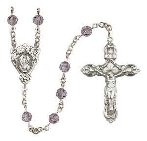 Sterling Silver Floral Miraculous Medal Rosary with 6 mm Austrian Crystal Beads