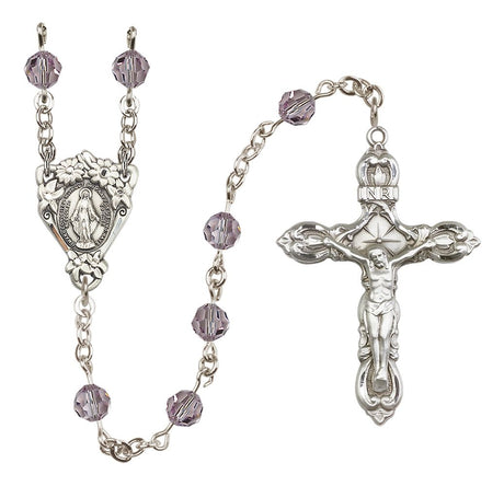 Sterling Silver Floral Miraculous Medal Rosary with 6 mm Austrian Crystal Beads