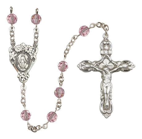 Sterling Silver Floral Miraculous Medal Rosary with 6 mm Austrian Crystal Beads