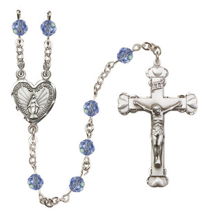 Sterling Silver Heart Miraculous Medal Rosary with 6 mm Austrian Crystal Beads