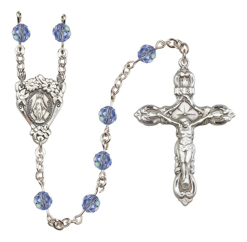 Sterling Silver Floral Miraculous Medal Rosary with 6 mm Austrian Crystal Beads