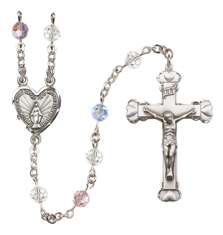 Sterling Silver Heart Miraculous Medal Rosary with 6 mm Austrian Crystal Beads